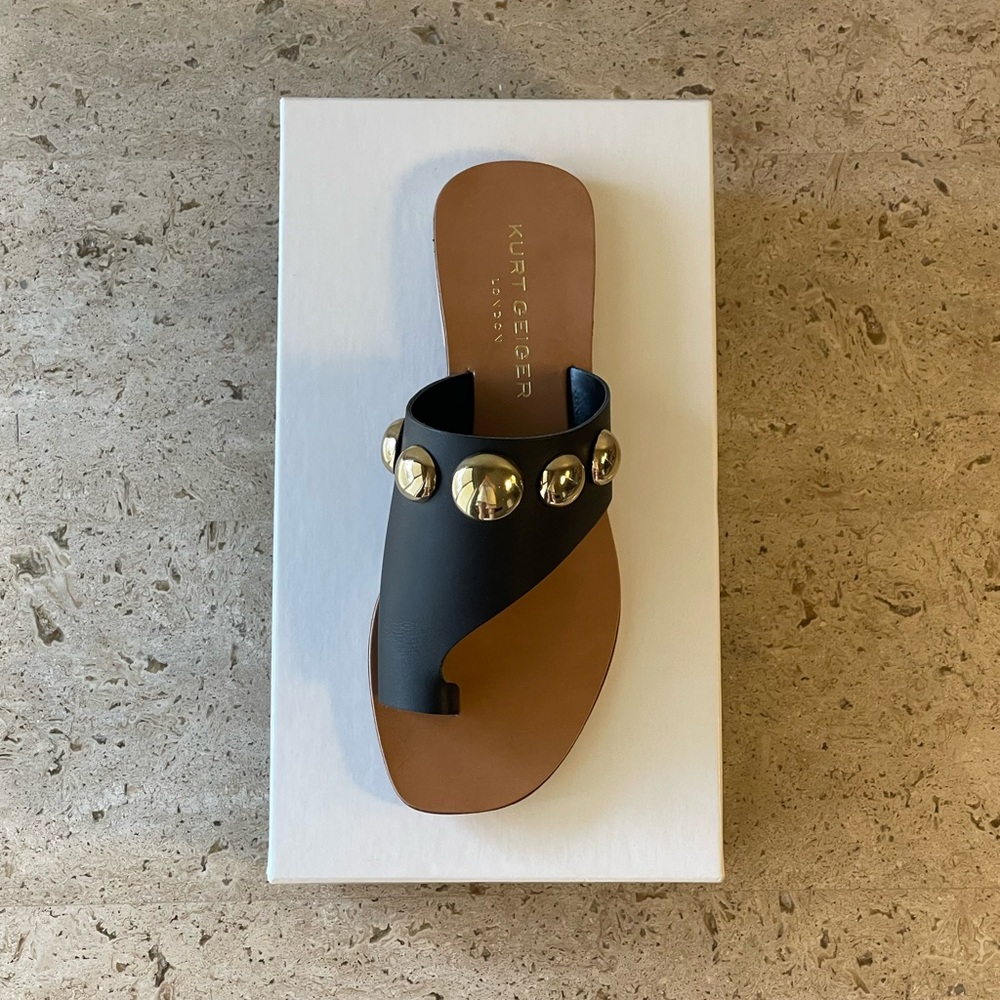 KURT GEIGER Black Leather Gold Ball Studded Toe Ring Sandals - EU 38 / 7.5-8 NIB - Picture 14 of 14